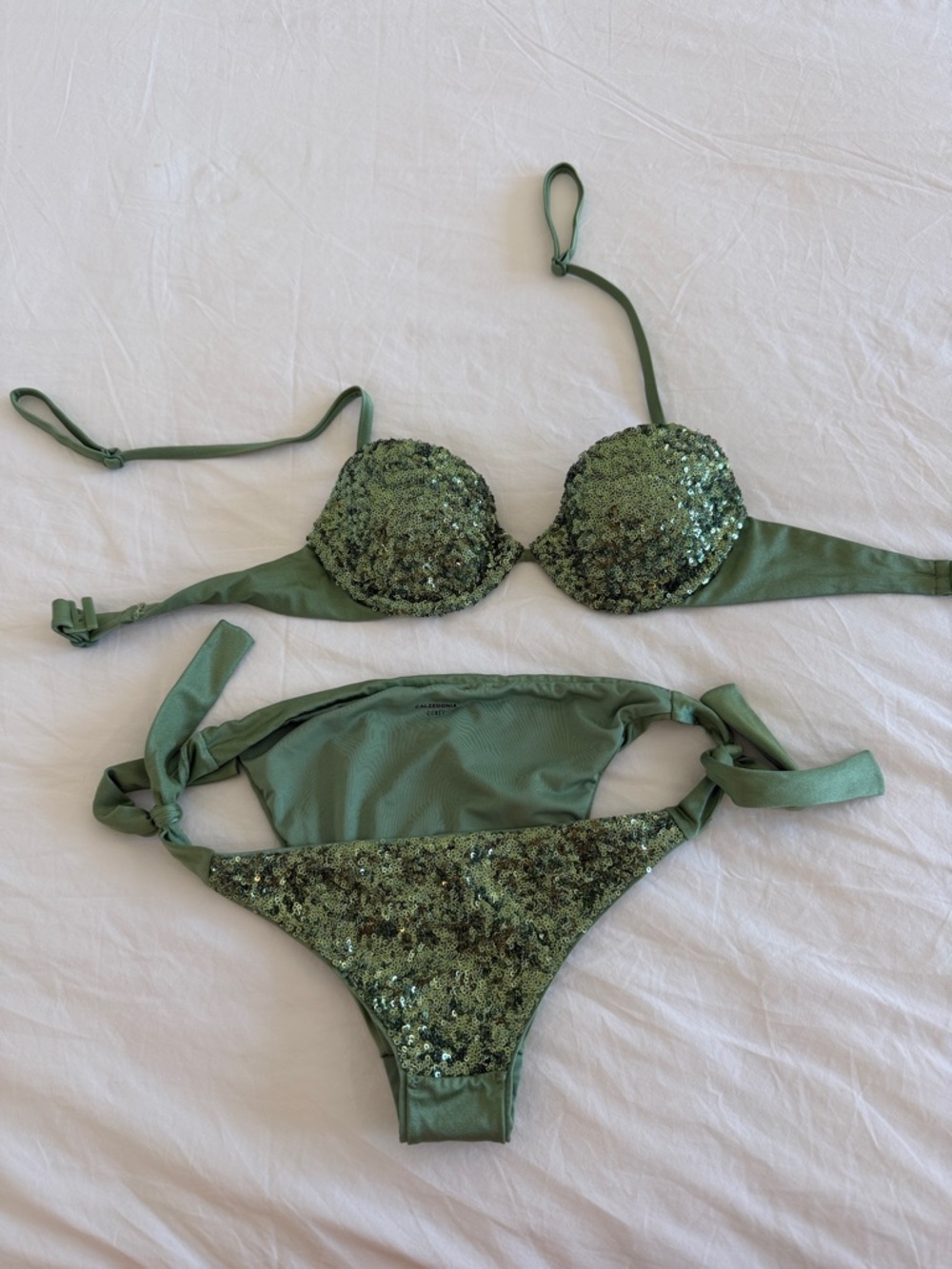Sequin-Embellished Olive Green Tie-Side Bikini
